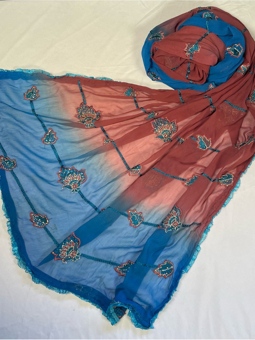 Stunning Vintage Ombré Georgette Dupatta Scarf with Sequins and Ruffle Trim
